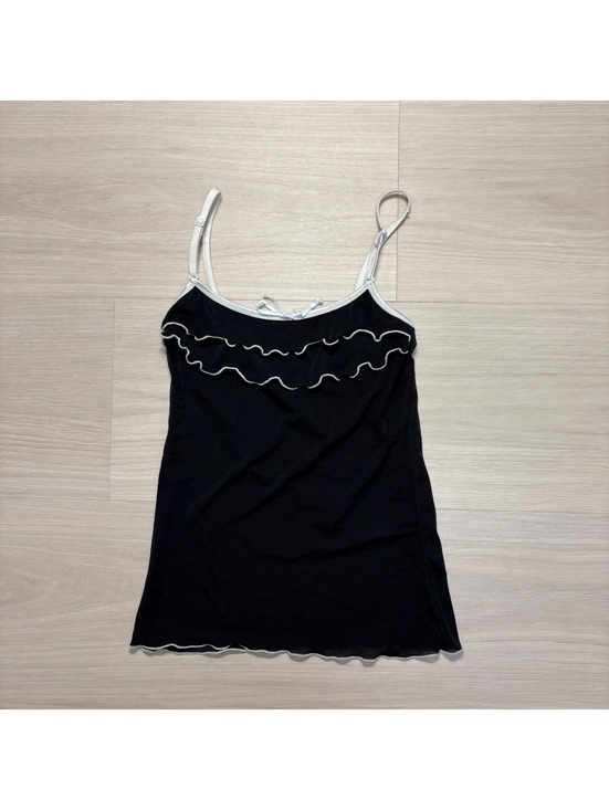 Tops - Y2K coquette black white ruffle contrast trim babydoll cami tank top